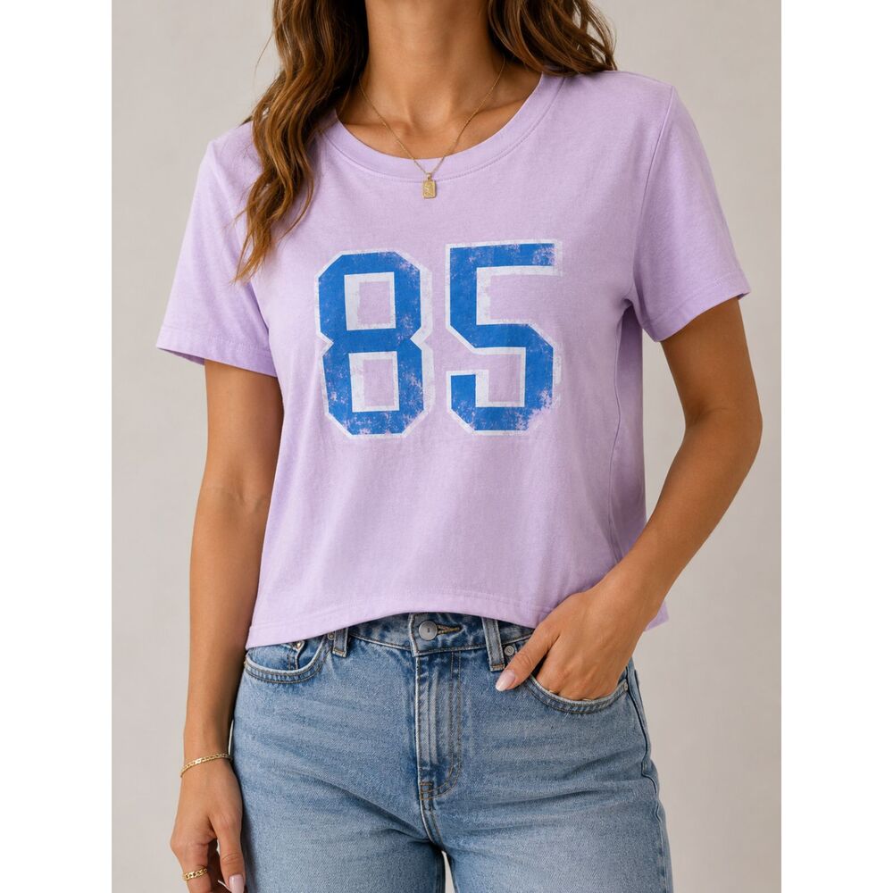 Wild Fable Lavender 85 Graphic Crop‎ Boxy Tee L Y2K Varsity 100% Cotton Pastel